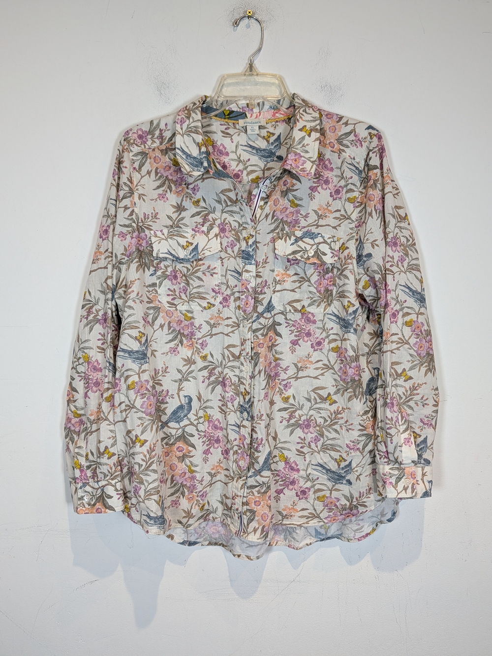 Sundance Floral Button-Down Shirt - Cream with Pink & Blue Floral Print, Size XL